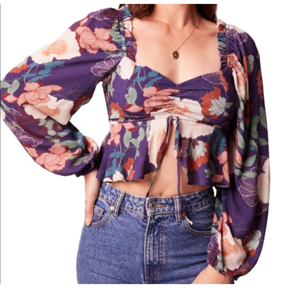 Band Of The Free Purple Floral Ruffle Trim Long Sleeve Crop Top Size S NWT